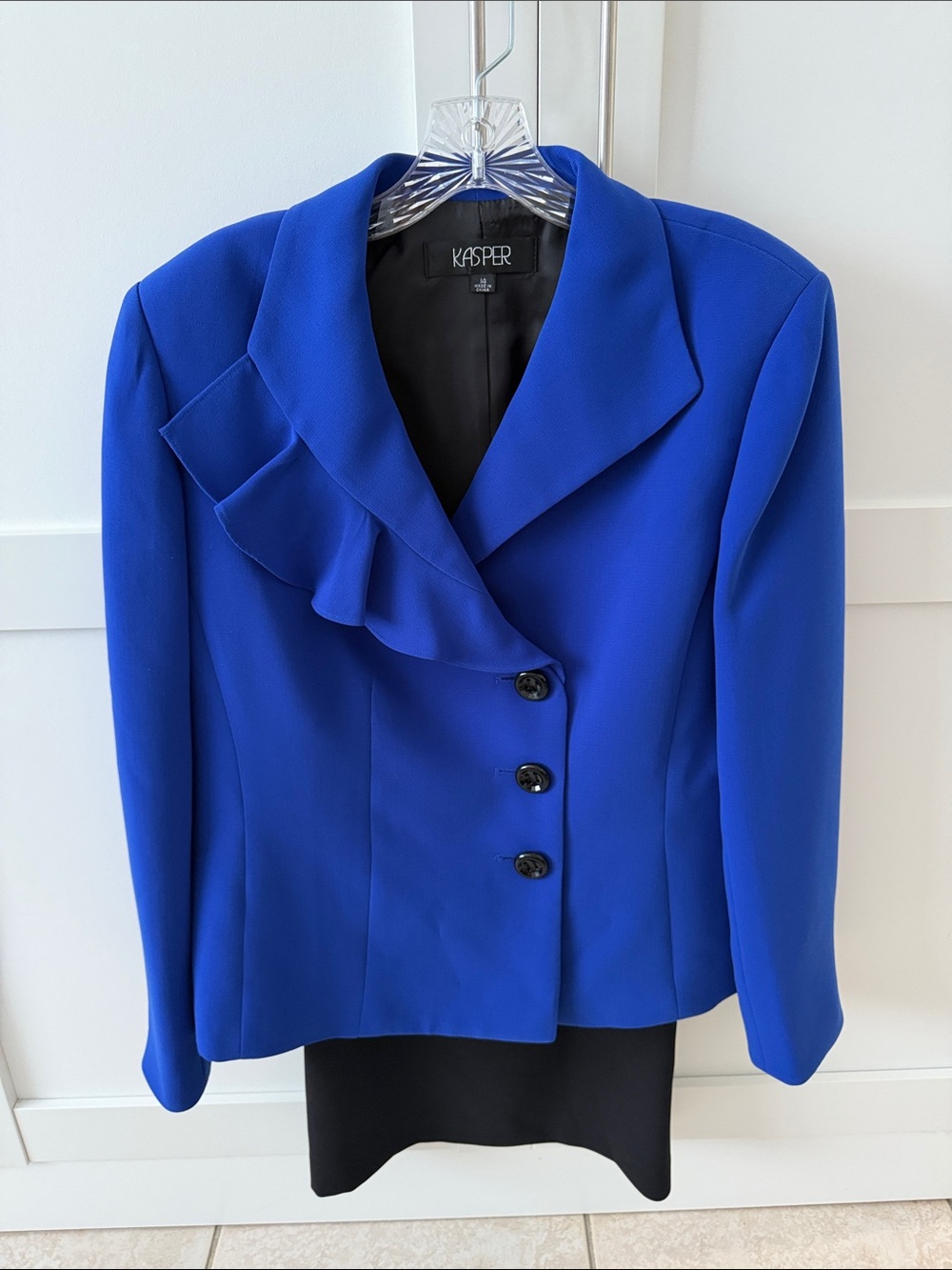 Kasper Women’s Royal Blue Ruffle-Accent Set - Blazer and Black Skirt- Size 14